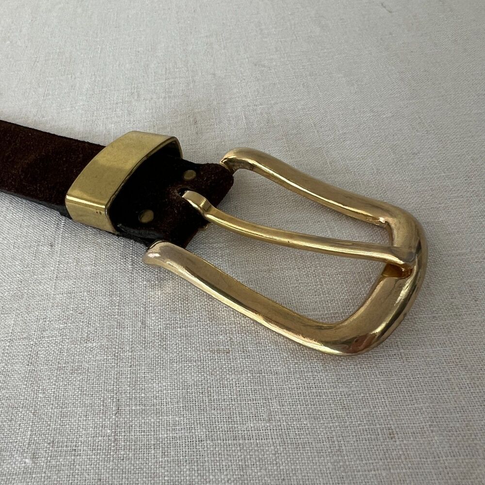 90s/Y2K Chocolate Brown Suede Belt Large Polished Gold-Tone Buckle Fits Size M/L - Picture 5 of 11